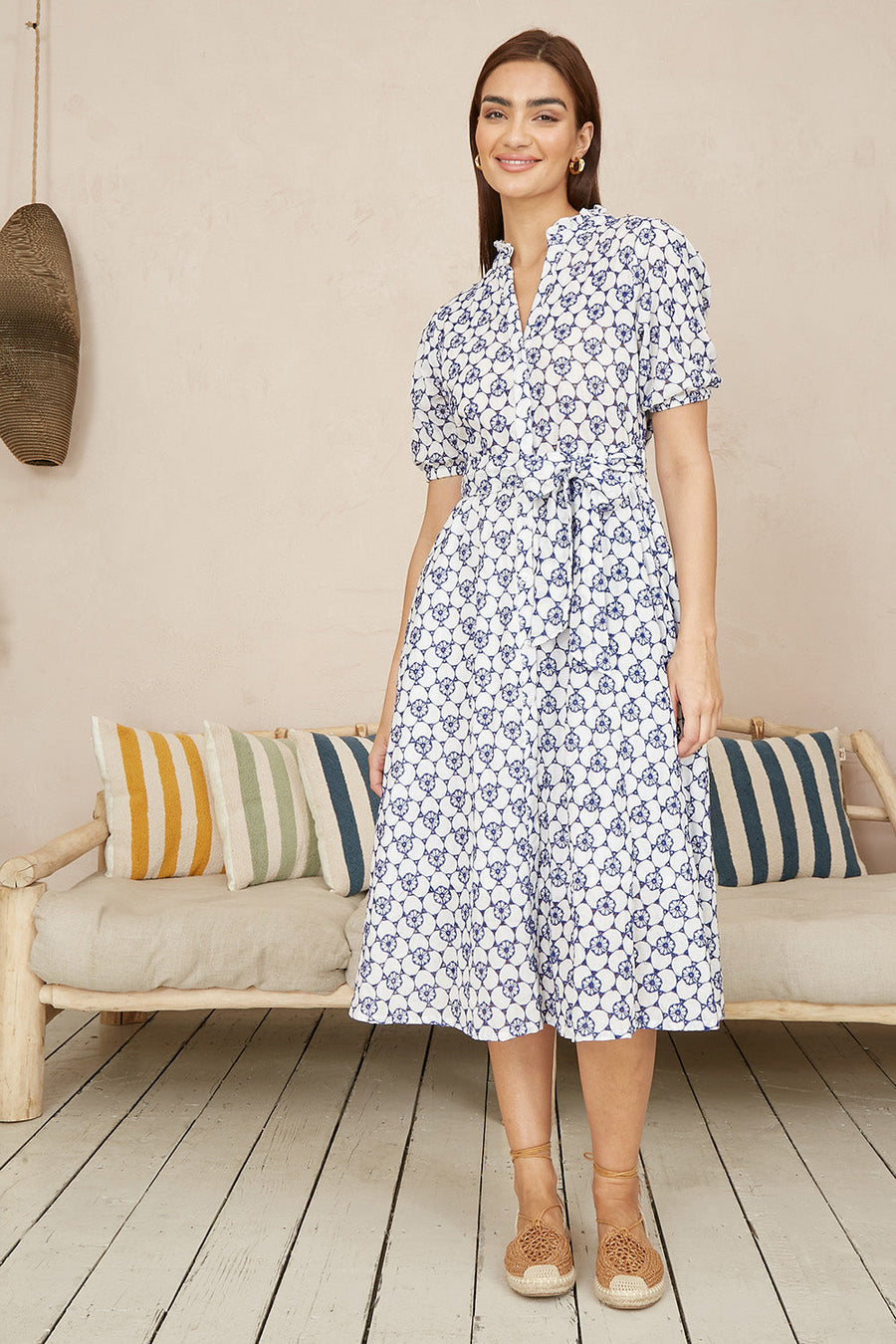 Yumi White and Blue Cotton Broderie Anglaise Midi Shirt Dress