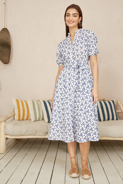 Yumi White and Blue Cotton Broderie Anglaise Midi Shirt Dress