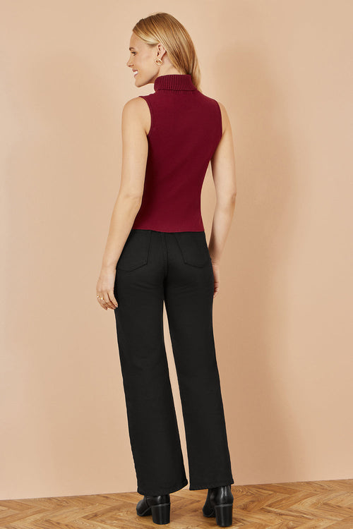 Yumi Burgundy Knitted Roll Neck Sleeveless Jumper