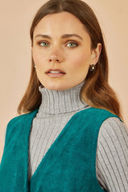 Yumi Teal Cord Button Through Pinafore Dress With Pockets