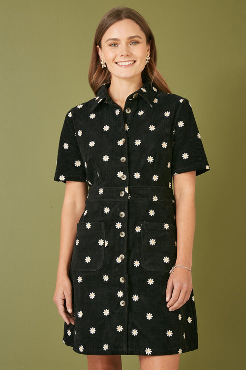 Yumi Black Daisy Embroidered Cord Shirt Dress
