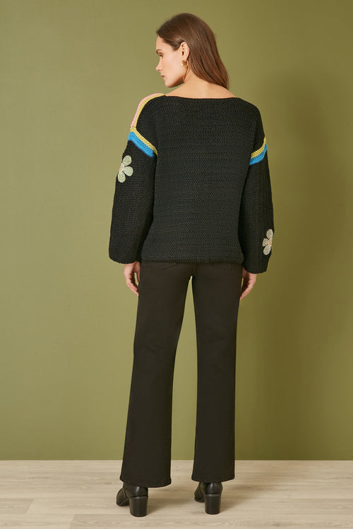 Yumi Black Crochet Flower Jumper