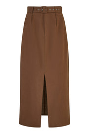 Yumi Brown Cotton Midi Skirt With Belt And Split Hem