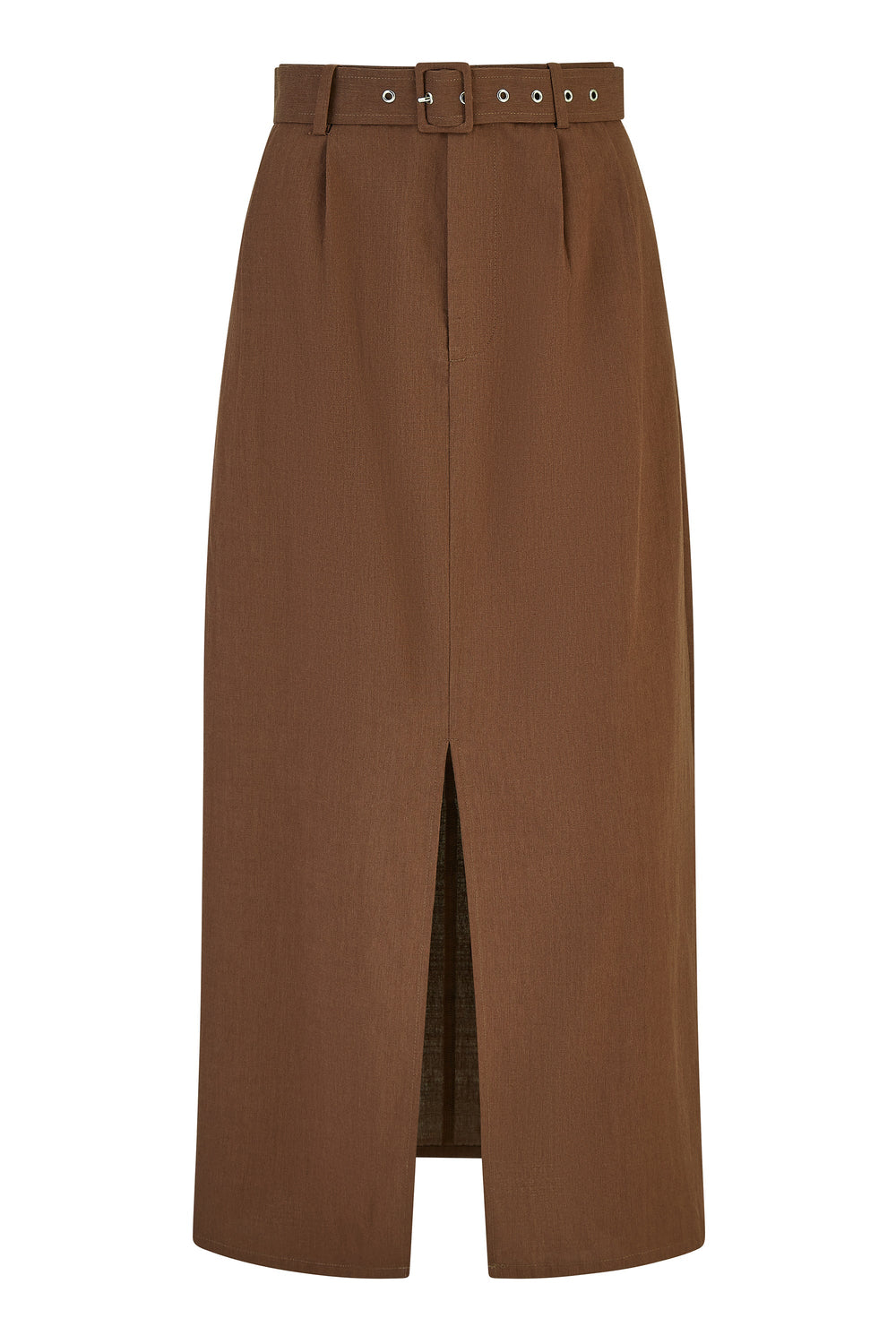 Yumi Brown Cotton Midi Skirt With Belt And Split Hem