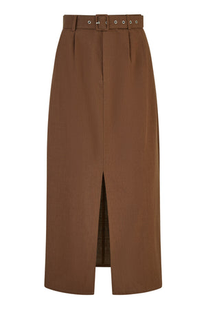 Yumi Brown Cotton Midi Skirt With Belt And Split Hem