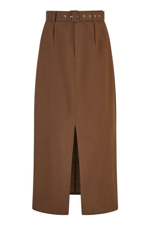 Yumi Brown Cotton Midi Skirt With Belt And Split Hem