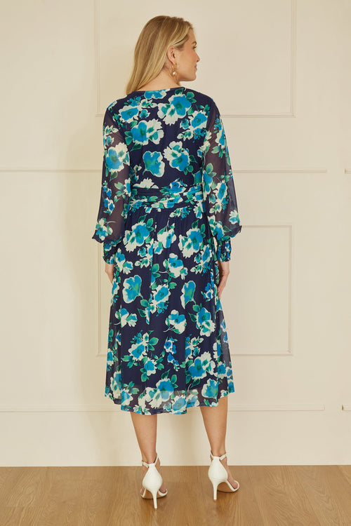 Yumi Blue Floral Mesh Wrap Dress With Long Sleeves