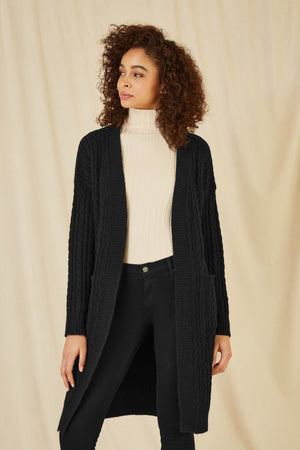 Yumi Black Cable Knit Edge to Edge Long Cardigan With Pockets