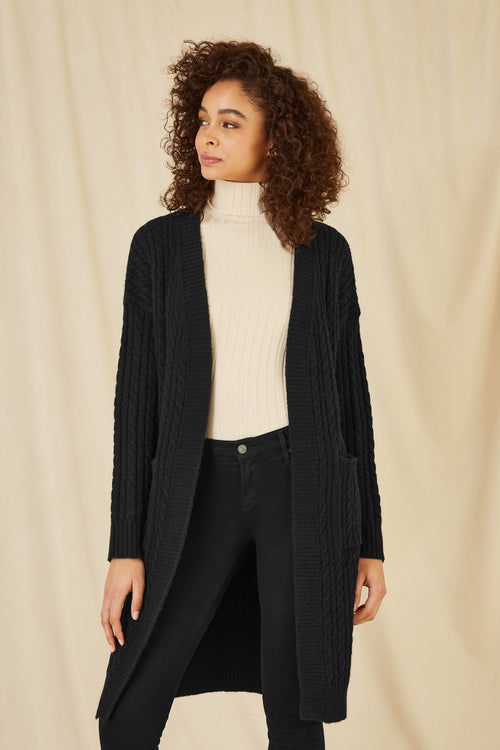 Yumi Black Cable Knit Edge to Edge Long Cardigan With Pockets