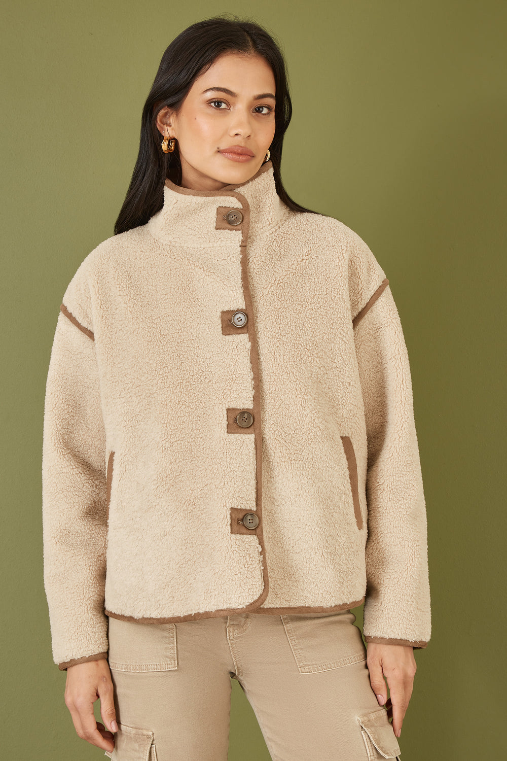 Yumi Cream Borg High Neck Jacket With Faux Leather Trims