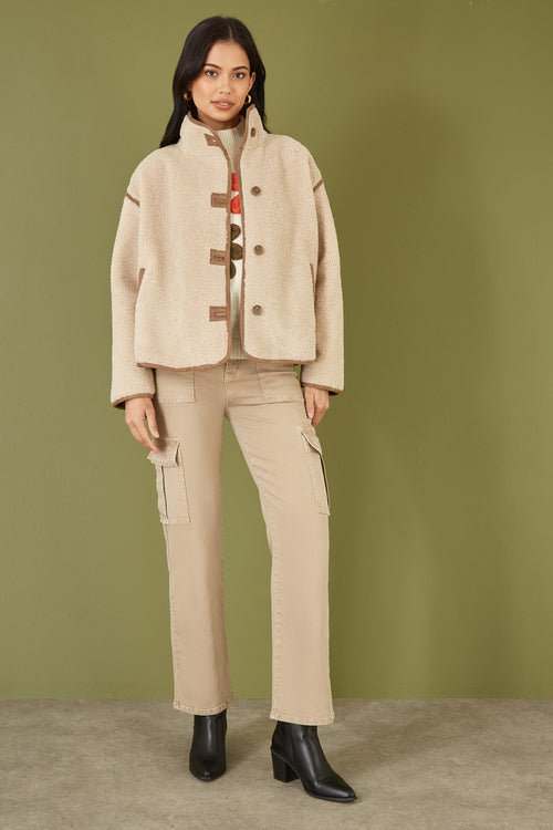 Yumi Cream Borg High Neck Jacket With Faux Leather Trims