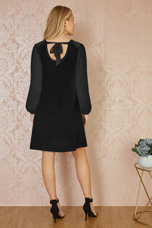 Yumi Black Velvet Tunic Dress with Pleated Balloon Sleeves And Tie Back