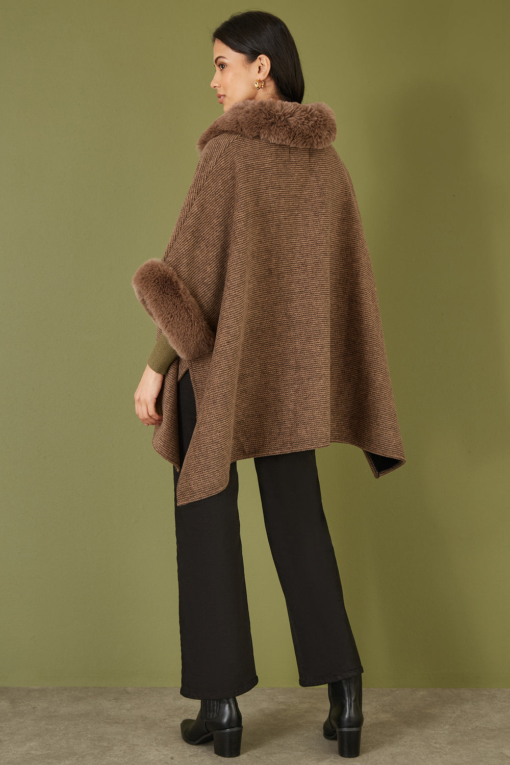 Yumi Brown Cape With Luxe Fur Trim And Lining