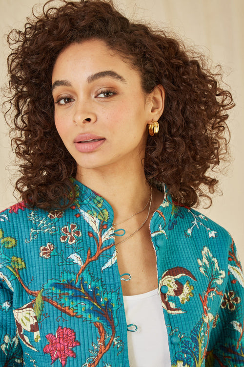 Yumi Teal Floral Print Reversible Cotton Quilted Jacket