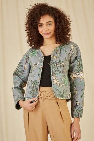 Yumi Green Animal Print Reversible Cotton Cropped Quilted Jacket