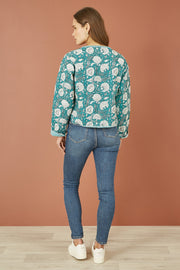 Yumi Green Patchwork Print Reversible Cotton Quilted Jacket