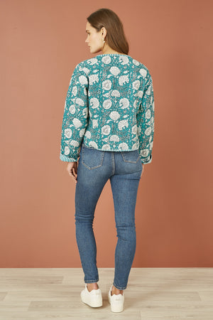 Yumi Green Patchwork Print Reversible Cotton Quilted Jacket