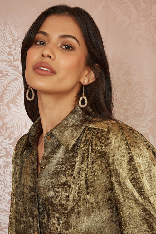Yumi Gold Metallic Relaxed Balloon Sleeve Shirt