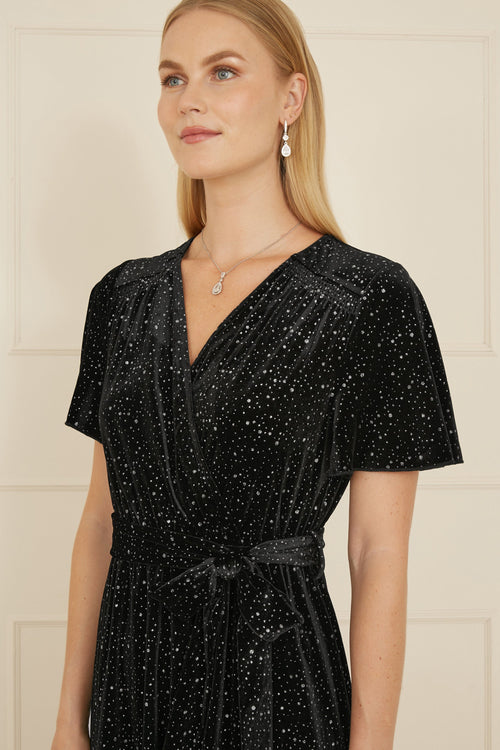 Yumi Black Velvet Sparkle Wrap Midi Dress