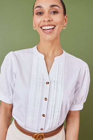 Yumi White Cotton Pleated short Sleeve Shirt