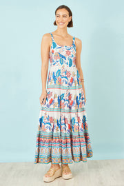 Yumi Blue Boho Block Print Tiered Maxi Dress