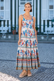 Yumi Blue Boho Block Print Tiered Maxi Dress