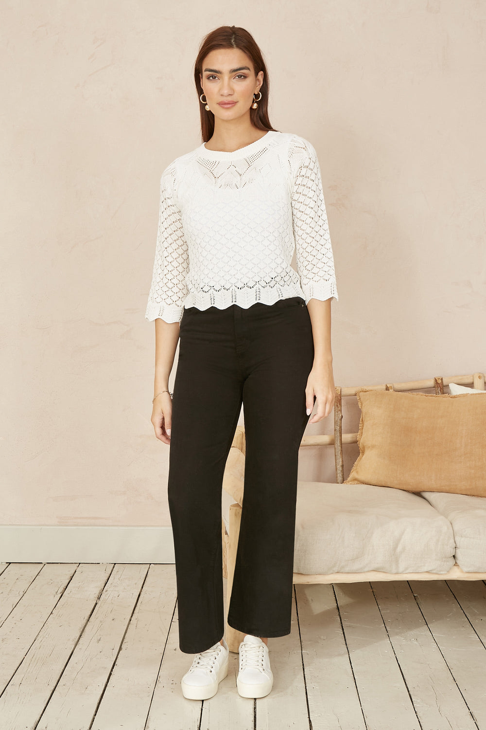 Yumi Ivory Crochet Knitted Top With Scallop Edge