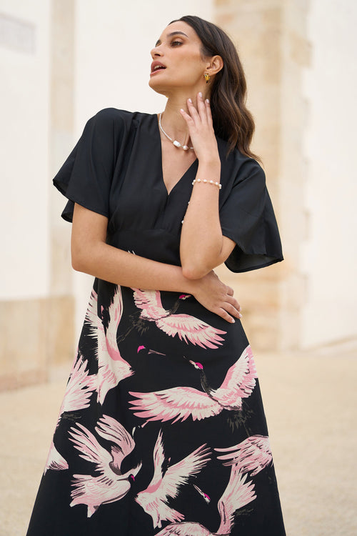 Yumi Black Recycled Fabric Crane Print Kimono Midi Dress