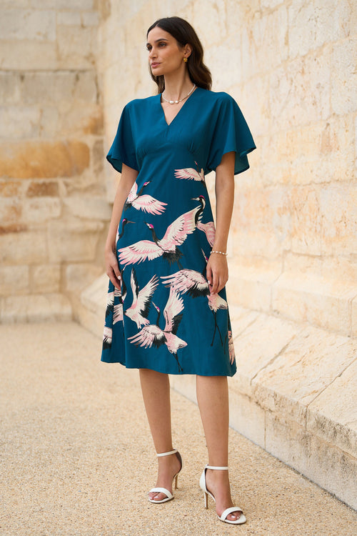 Yumi Teal Recycled Fabric Crane Print Kimono Midi Dress