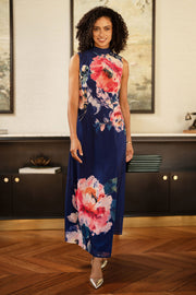 Yumi Navy Flower Halter Neck Maxi Dress
