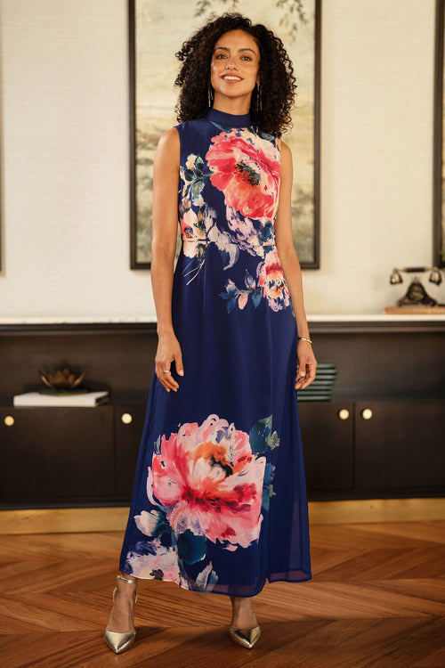 Yumi Navy Flower Halter Neck Maxi Dress