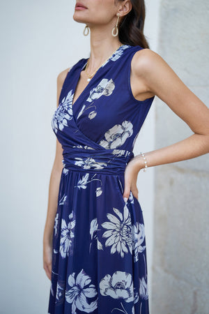 Yumi Navy Floral Print Stretch Mesh Dress With Pockets