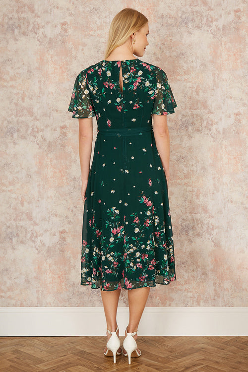 Yumi Green Daisy Mirror Placement Skater Dress With Angel Sleeves