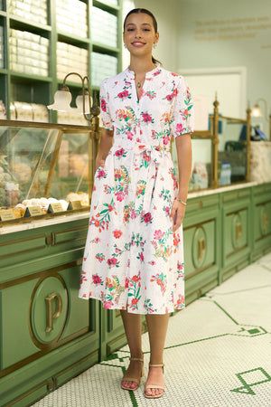 Yumi White Floral Print Cotton Broderie Anglaise Midi Shirt Dress