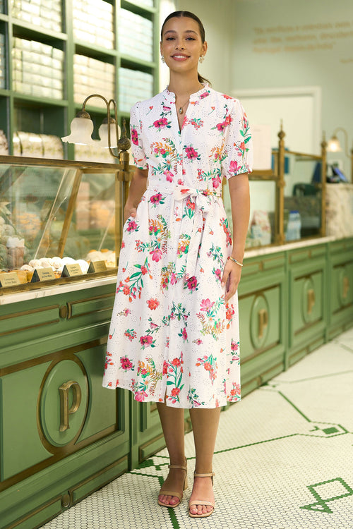 Yumi White Floral Print Cotton Broderie Anglaise Midi Shirt Dress