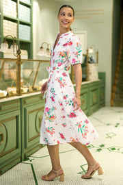 Yumi White Floral Print Cotton Broderie Anglaise Midi Shirt Dress