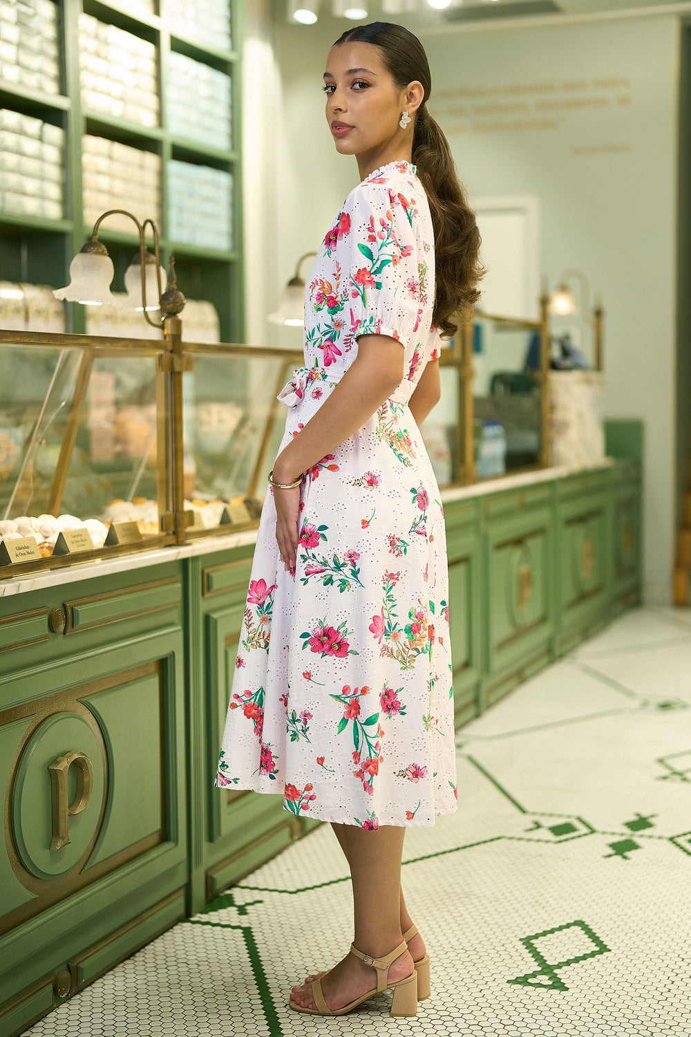 Yumi White Floral Print Cotton Broderie Anglaise Midi Shirt Dress