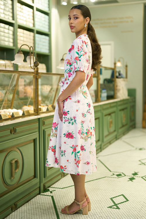 Yumi White Floral Print Cotton Broderie Anglaise Midi Shirt Dress