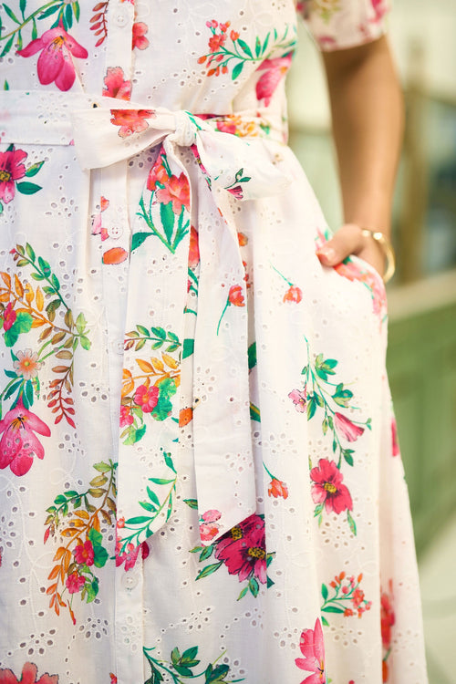 Yumi White Floral Print Cotton Broderie Anglaise Midi Shirt Dress