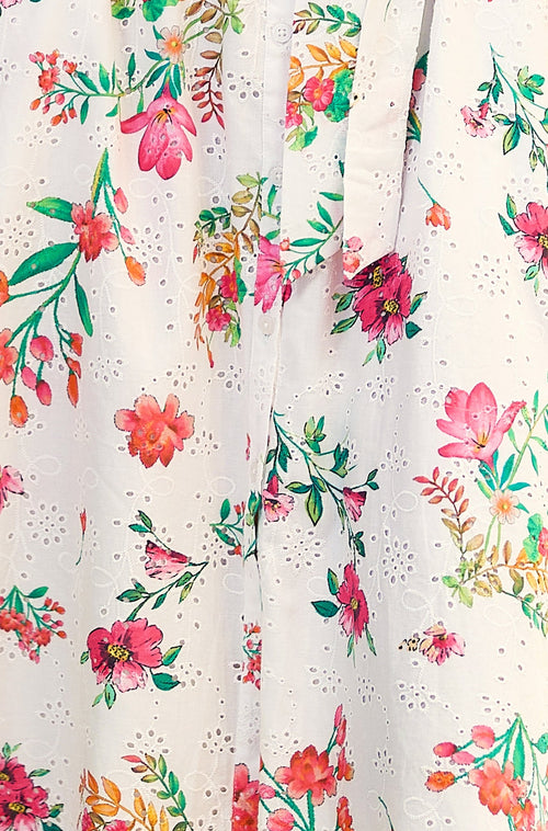Yumi White Floral Print Cotton Broderie Anglaise Midi Shirt Dress