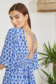 Yumi Blue Aztec Print Maxi Dress With Cross Over Back