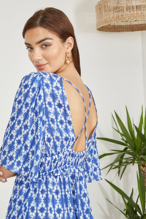 Yumi Blue Aztec Print Maxi Dress With Cross Over Back