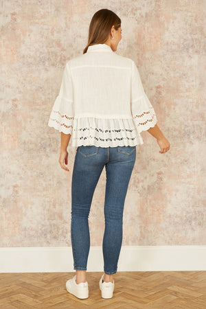 Yumi White Linen Relaxed Shirt With Scallop Trims