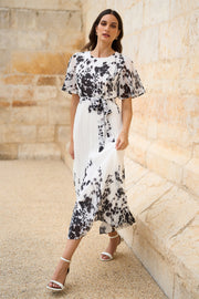 Yumi White Mirror Floral Design Pleated Midi Dress