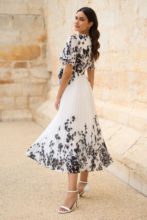 Yumi White Mirror Floral Design Pleated Midi Dress