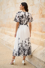 Yumi White Mirror Floral Design Pleated Midi Dress