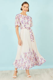 Yumi Ivory Floral Mirror Pleated Midi Dress