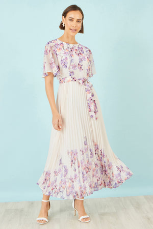 Yumi Ivory Floral Mirror Pleated Midi Dress