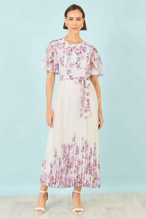 Yumi Ivory Floral Mirror Pleated Midi Dress