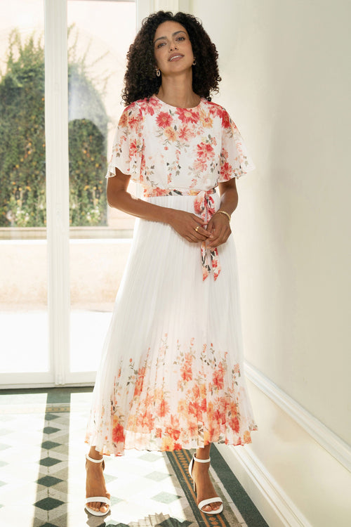 Yumi White Mirror Floral Design Pleated Midi Dress